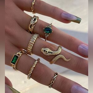 Gold 8pc Snake Rhinestone Ring Set